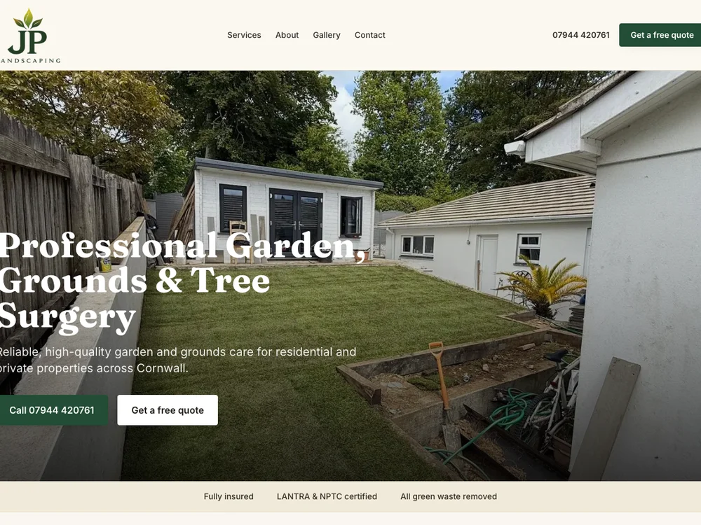 JP Landscaping website homepage, showing the hero section and navigation
